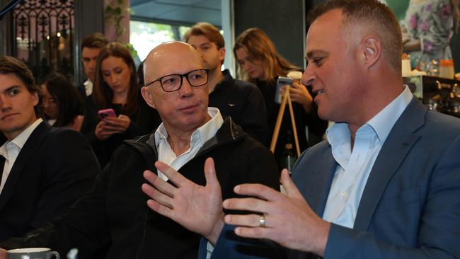 Mr Dutton also headed to Little Sister Brighton in Melbourne to meet Liberal candidate Tim Wilson. Picture: Adam Head / NewsWire