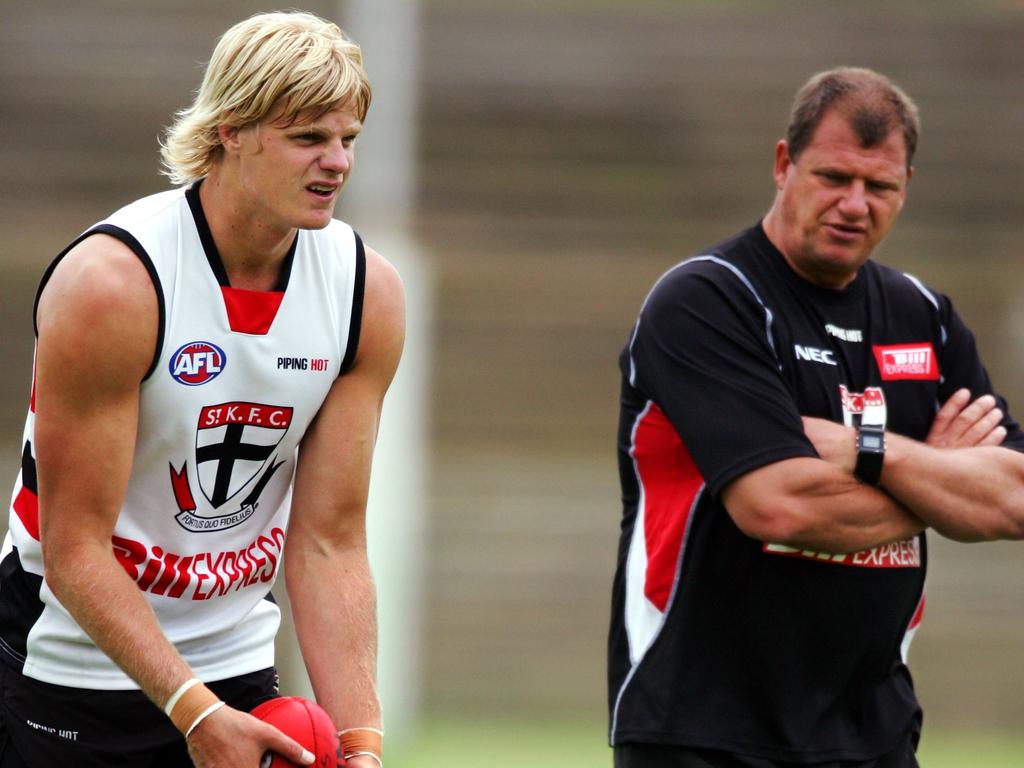 A young Nick Riewoldt with coach Grant Thomas at St Kilda.