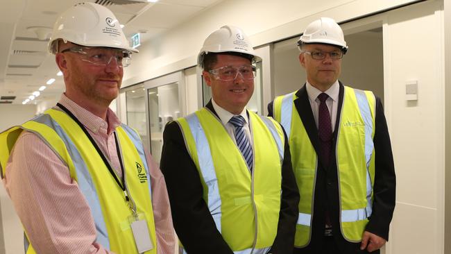 Dr Tom Soulsby, assistant director of the new RAH Emergency Department, Health Minister Jack Snelling and Duncan Jewell, SA Health Partnership CEO. Picture: EMMA BRASIER