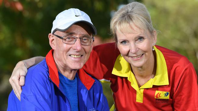 SA Masters Athletics Association president George White with sports medicine trainer Shirley Wright. Wright saved his life by doing CPR when he suffered a heart attack after a race earlier this month.                       Picture: AAP/ Keryn Stevens