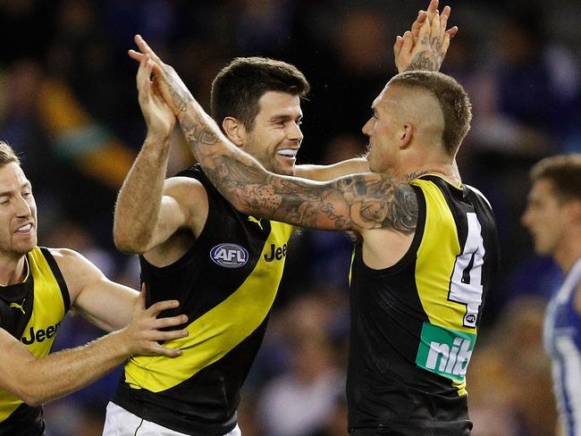 Trent Cotchin and Dustin Martin enjoys the good times at Tigerland. Picture: Getty Images