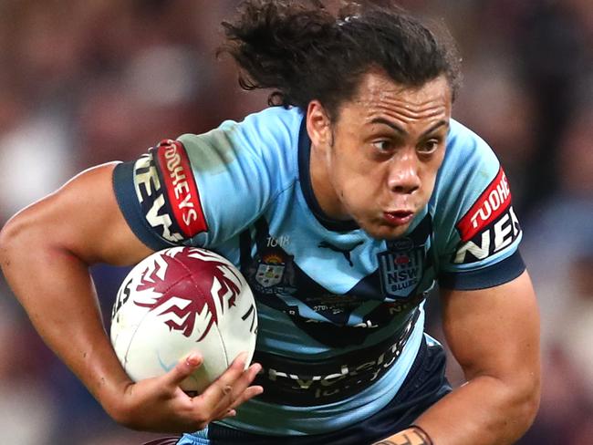 BRISBANE, AUSTRALIA - JUNE 27: Jarome Luai of the Blues charges forward during game two of the 2021 State of Origin series between the Queensland Maroons and the New South Wales Blues at Suncorp Stadium on June 27, 2021 in Brisbane, Australia. (Photo by Chris Hyde/Getty Images)