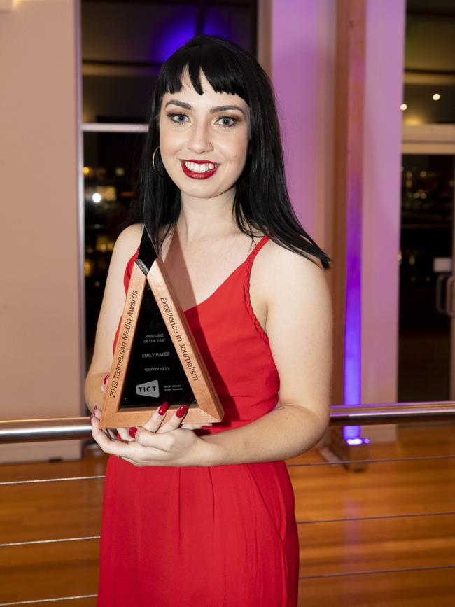 Emily Baker wins journalist of the year at the 2019 Tasmanian Media Awards. Picture: Richard Jupe