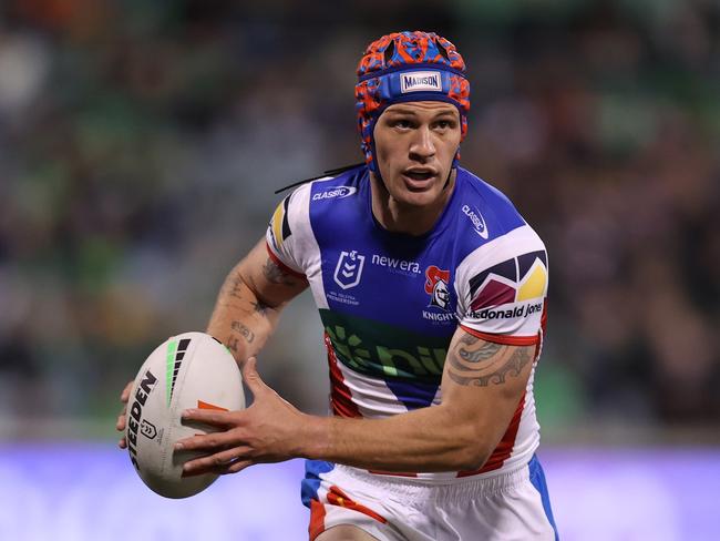 CANBERRA, AUSTRALIA - JULY 07: Kalyn Ponga of the Knights runs the ball during the round 18 NRL match between Canberra Raiders and Newcastle Knights at GIO Stadium on July 07, 2024 in Canberra, Australia. (Photo by Jason McCawley/Getty Images)