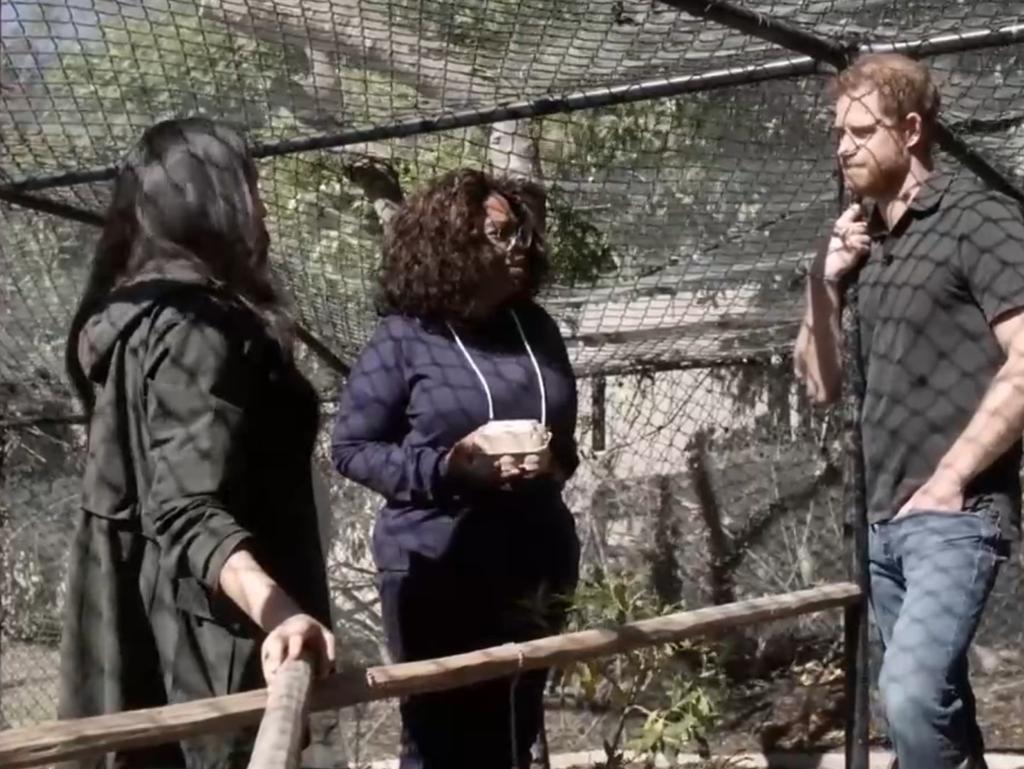 Oprah, Prince Harry and Meghan Markle chat outside the home’s chicken coop. Picture: CBS