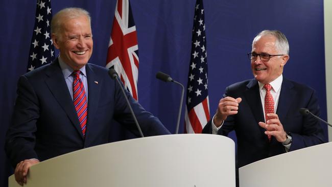 Democratice nominee Joe Biden and former Prime Minister Malcolm Turnbull at the Commonwealth Parliamentary Offices in Sydney, NSW, in 2016. Picture: Toby Zerna