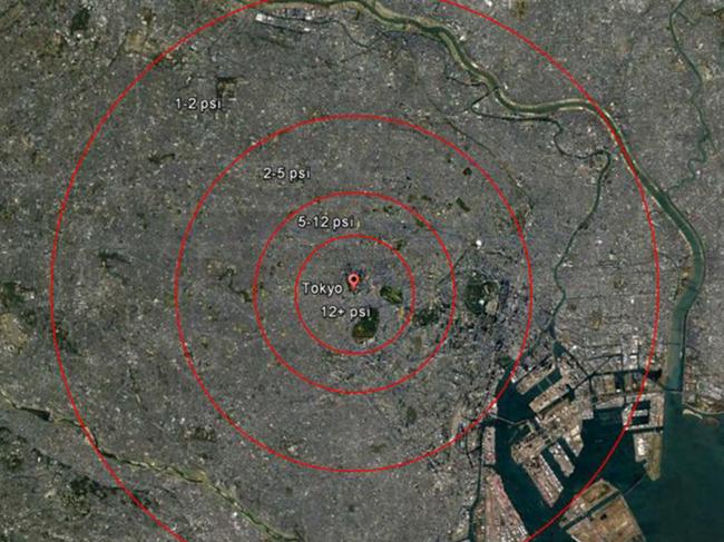 Potential blast area - Tokyo. Picture: Google Maps/38 North