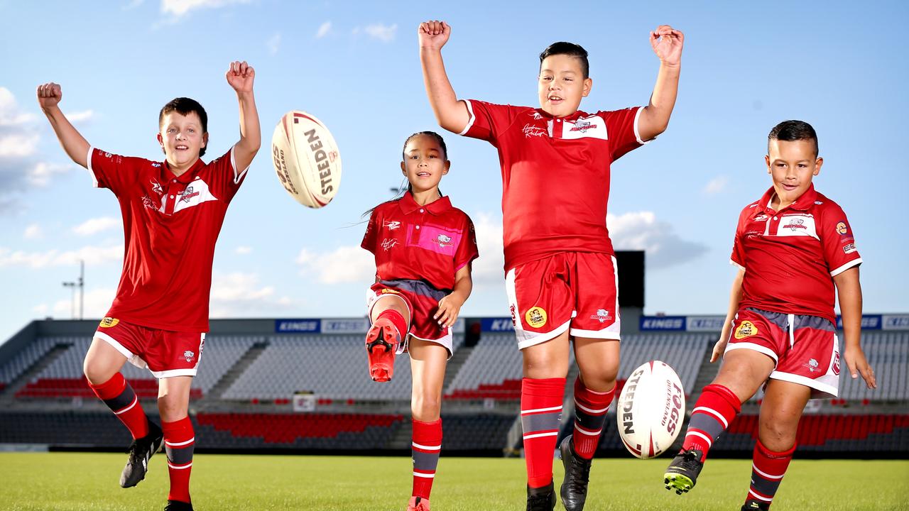 The Redcliffe Dolphins will get $15 million for a centre of excellence under a re-elected Morrison Government. Junior Dolphins (left to right), Tyson Allan, 10, Chloe Stanworth, 9, Payton Stanworth, 10, Zane Stanworth, 7. Picture: Steve Pohlner