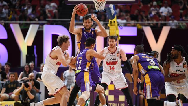 Kings big man Andrew Bogut (C) has been vocal in calling out flopping this season. Picture: AAP