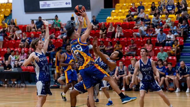 Ned Stevens on a drive to the basket. Darwin Basketball Men's Championship Round 20: Ansett v Tracy Village Jets. Picture: Che Chorley