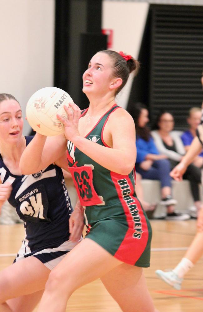 Highlanders GS Sophie Watson shook off a slow start to finish with 38/51 goals. Pictured at 2023 at the semi-final of Townsville's Premier League netball. Picture: Shaantel Hampson / TCNAI.