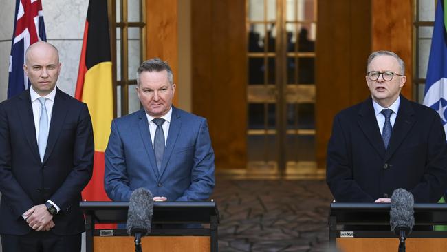 Climate Change Authority chair Matt Kean (l to r) federal Energy Minister Chris Bowen and Prime Minister Anthony Albanese. Picture: Martin Ollman