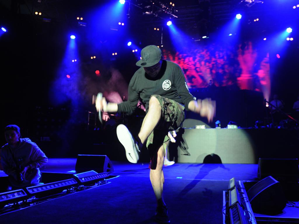 Suffa in action as Hilltop Hoods play Brisbane Riverstage on Friday, August 23, 2019. They play again Saturday. Picture: John Gass/AAP