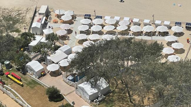 Aerial of beach bar.