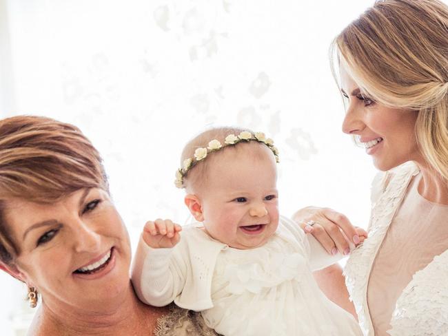 Candice Warner on her wedding day with her beloved mum Kerry Falzon and baby Ivy, now 6. Picture: supplied.