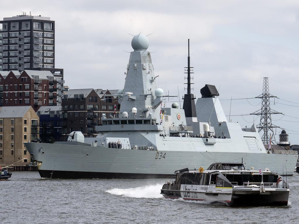 A file picture shows the HMS Diamond being pulled along the Thames in London last May ahead of the coronation. Picture: Getty Images