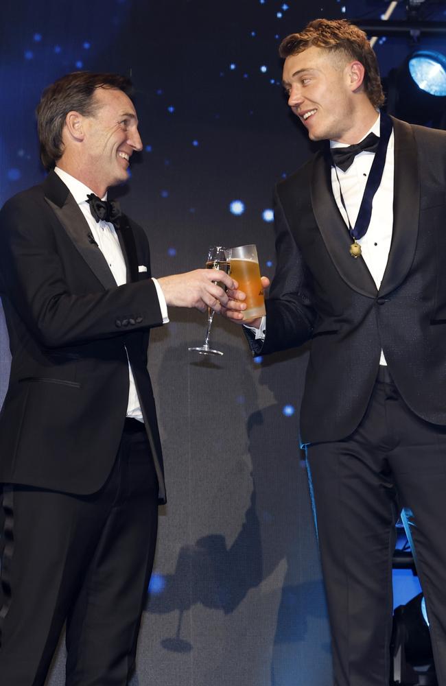 Patrick Cripps with AFL CEO Andrew Dillon after winning the 2024 Brownlow Medal. Picture: Michael Klein