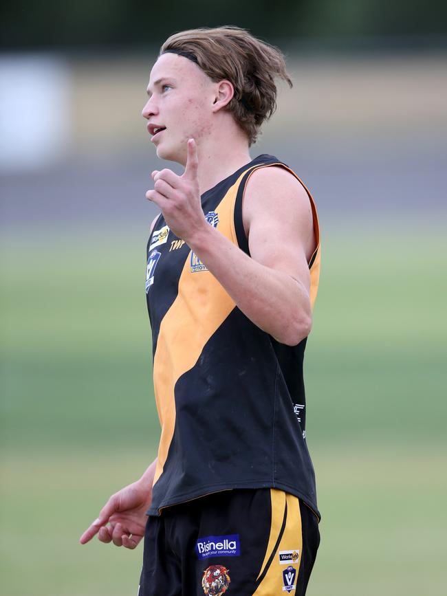 GFL: Geelong West Giants v Grovedale. Grovedale's Flynn Young celebrates a goal. Picture: Mike Dugdale