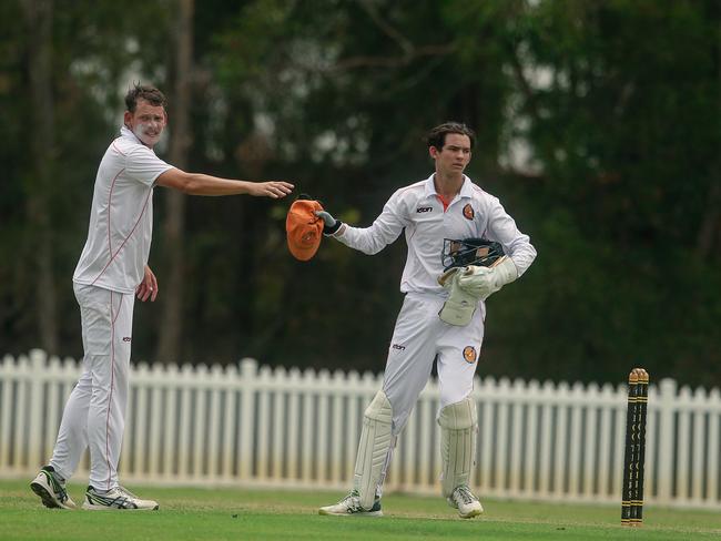 Kepper Josh Cox and Stefan Graham as Southport v Runaway Bay - Premier First Grade at Golden Wheel Park, Arundel. Picture: Glenn Campbell