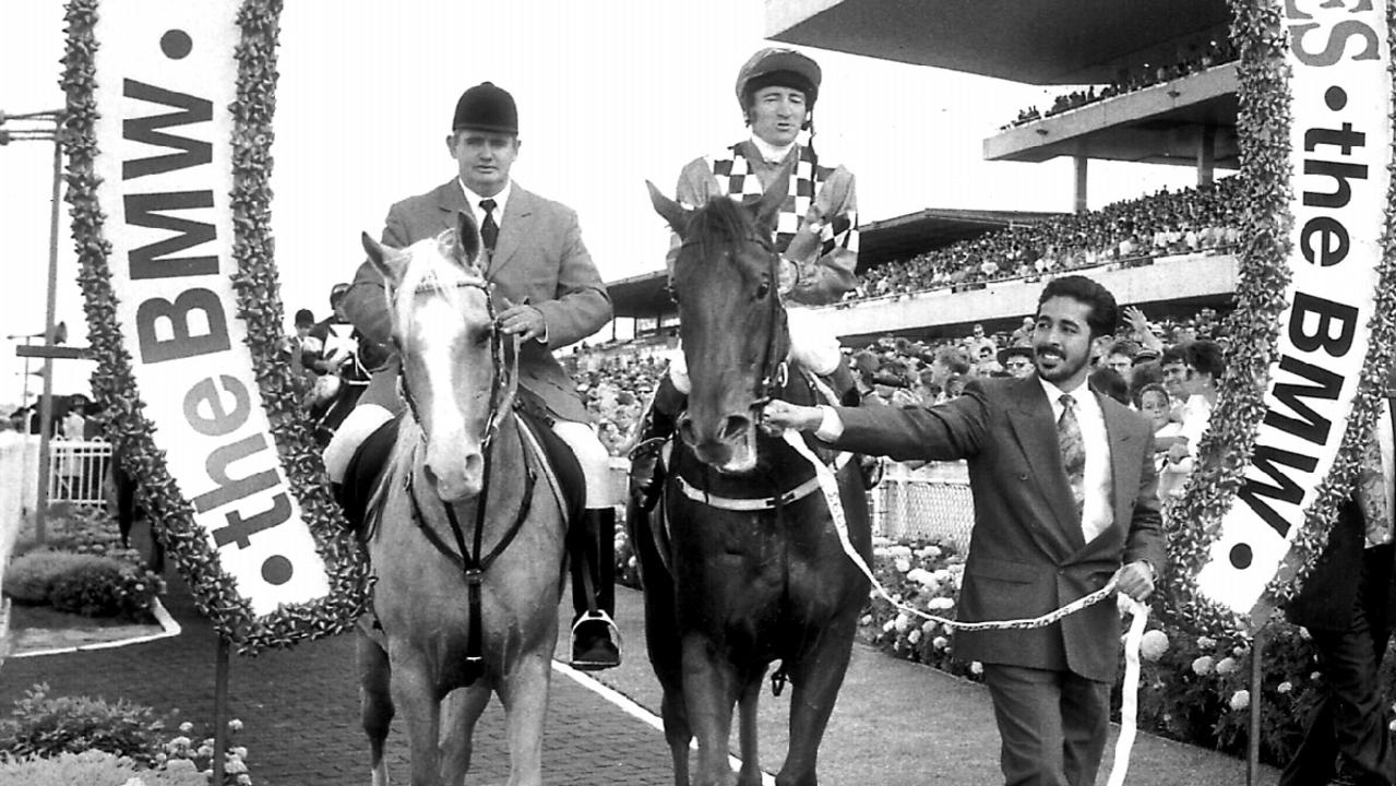 Racehorse Bint Marscay ridden by jockey Len (Mick) Dittman returning to scale after Golden Slipper win 03/04/93 Pic Mark Williams                
  Sport / Turf