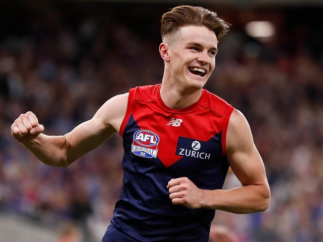 PERTH, AUSTRALIA - SEPTEMBER 25: Bayley Fritsch of the Demons celebrates a goal during the 2021 Toyota AFL Grand Final match between the Melbourne Demons and the Western Bulldogs at Optus Stadium on September 25, 2021 in Perth, Australia. (Photo by Michael Willson/AFL Photos via Getty Images)