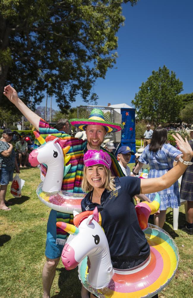 College teachers Matt Collyer and Emma Usher after being dunked on the dunking machine at Fairholme College Spring Fair, Saturday, October 21, 2023. Picture: Kevin Farmer