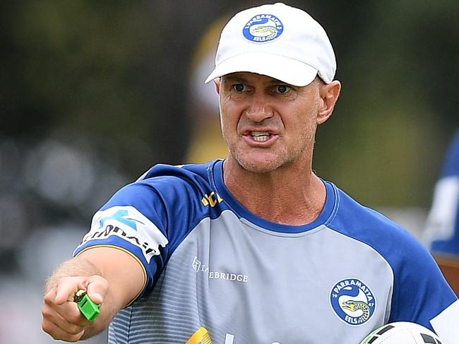 Parramatta Eels coach Brad Arthur gestures during a team training session at the Old Saleyards Reserve, in Sydney, Tuesday, February 5, 2019. (AAP Image/Dan Himbrechts) NO ARCHIVING