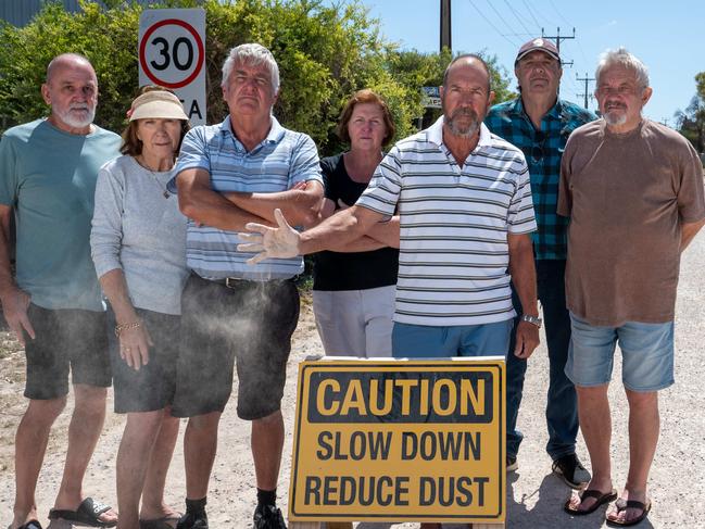 5th of February 2025  - The Pines is the only town on the Yorke Peninsula with unsealed roads, and after nearly fifty years locals want that to change, pointing to evidence linking silica dust inhalation with respiratory illness. (L-R) Sam Cornelissen, Claudia Beecken, Phil and Glenda Walker, Phil Wilson, Ian Williams and Tony Kelemen. Photo: Naomi Jellicoe