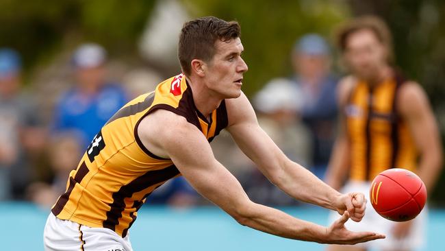 MELBOURNE, AUSTRALIA - FEBRUARY 23: Ethan Phillips of the Hawks in action during the AFL 2024 Match Simulation between the Western Bulldogs and Hawthorn at Whitten Oval on February 23, 2024 in Melbourne, Australia. (Photo by Michael Willson/AFL Photos via Getty Images)