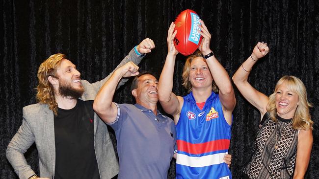 Cody Weightman with his family after being drafted by the Bulldogs in 2019. Picture: Michael Dodge