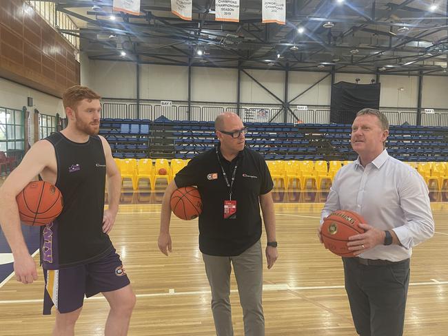 Sydney Kings guard Angus Glover, the NBL's chief operating officer Vince Crivelli and Major Events Minister Paul Kirby at Marrara. Picture: Ben Cameron.