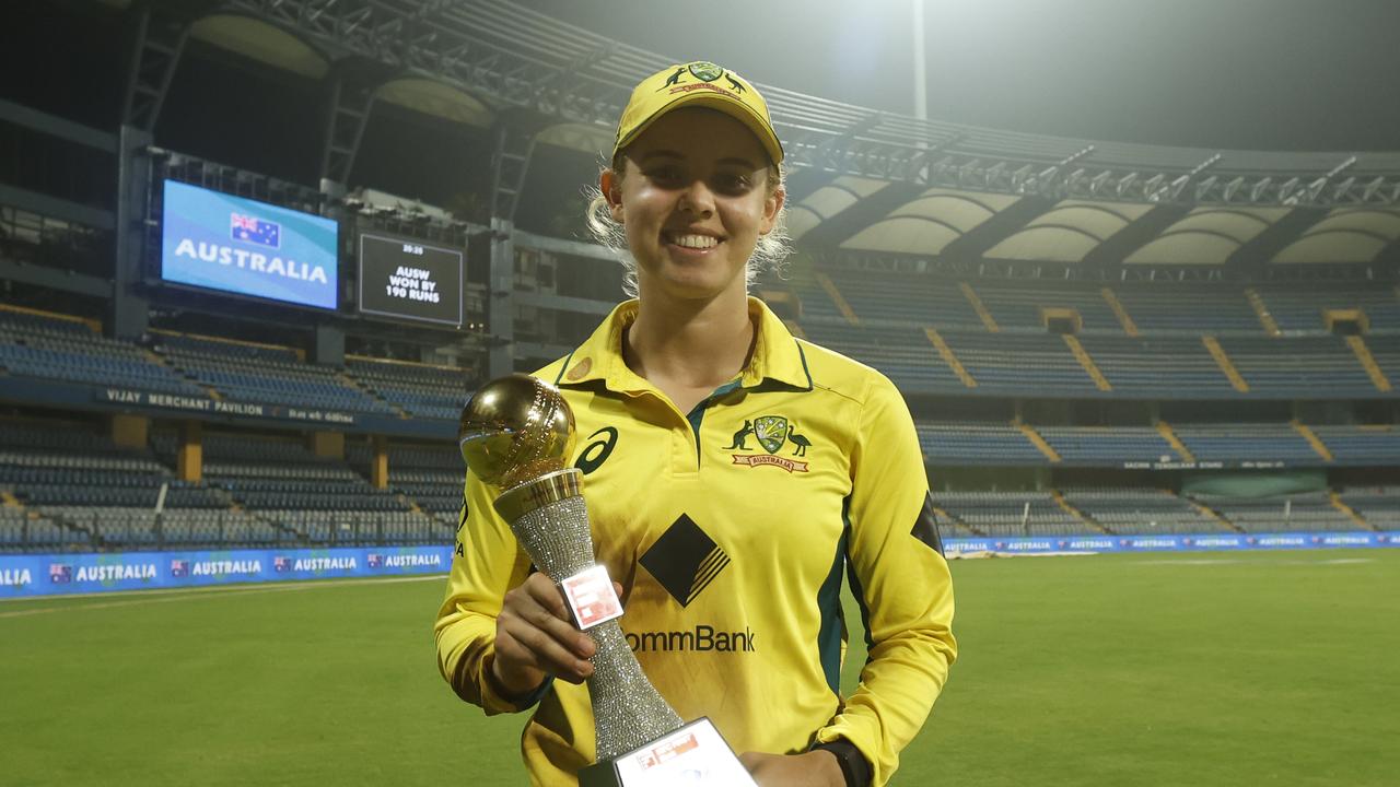 Phoebe Litchfield was named player of the series after she posted her highest ODI score of 119 on the way to securing a 3-0 series win for Australia in Mumbai. Picture: Pankaj Nangia / Getty Images