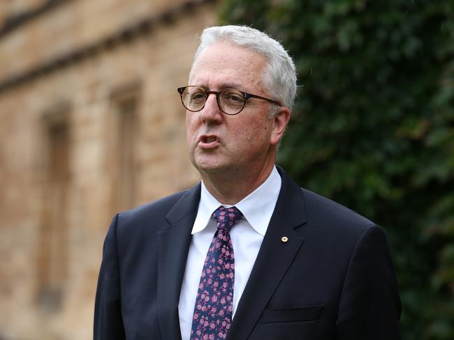 12/03/2021. Newly appointed vice chancellor Mark Scott with Chancellor Belinda Hutchinson at the University of Sydney, hold a media call in the Quadrangle of University in Sydney. Britta Campion / The Australian