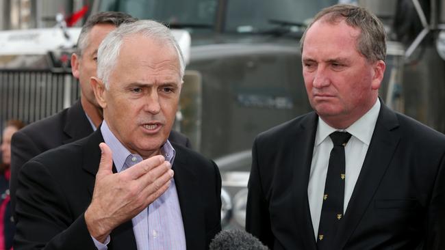 PM Malcolm Turnbull and Nationals leader Barnaby Joyce talk to truckies at an anti-RSRT rally of owner/drivers at Exhibition Park in Canberra.