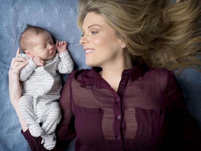 Channel 9 sports presenter Erin Molan and her newborn baby girl Eliza Emily Ogilvy. Picture: Darren Leigh Roberts