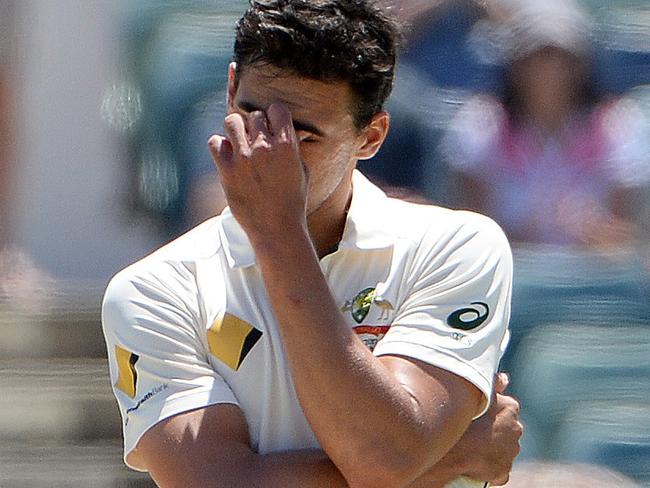 SPORT - Test match cricket, Day 4, Australia vs South Africa, WACA, Perth. Photo by Daniel Wilkins. PICTURED- Australia's Mitchell Starc reacts after a catch is dropped by Josh Hazlewood off his bowling.