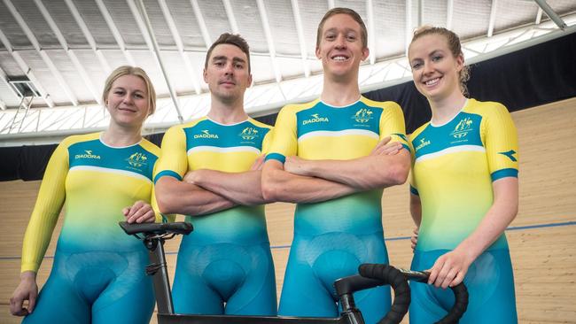 Australian cyclists Stephanie Morton, Leigh Howard, Cameron Meyer and Alex Manly are off to the Gold Coast Commonwealth Games in April. Picture: Supplied