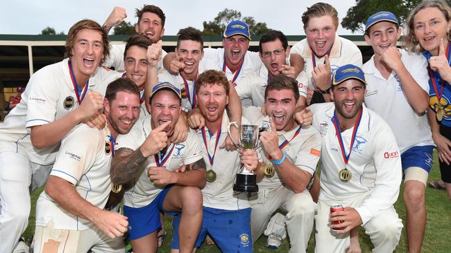 Spoljaric (centre) celebrates a remarkable grand final win with his jubilant Cranbourne teammates. Picture: Jason Sammon