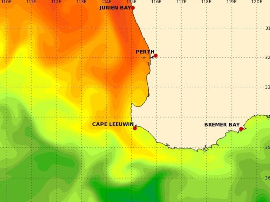 Warmer waters have been pulled south along the WA coast. Picture: BOM.