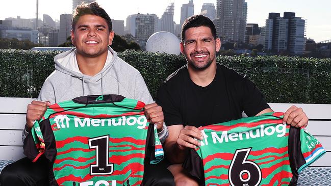 Latrell Mitchell and Cody Walker with the Rabbitohs' Indigenous Round jersey. Picture: Brett Costello