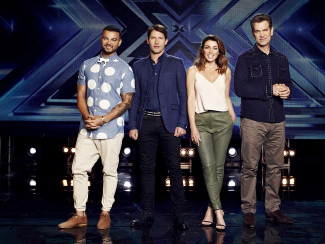 Guy Sebastian, James Blunt, Dannii Minogue and Chris Isaak for The X Factor Australia. Picture: Channel Seven