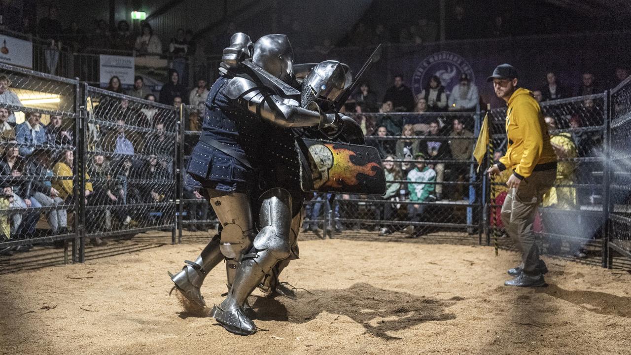 Casey Lennon (left) and Steven Hartfiel (both of Tyr's Warriors) battle in the second outrance as Tyr's Warriors host Fight Knight. Picture: Kevin Farmer