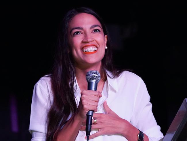 Alexandria Ocasio-Cortez speaks to her supporters during her election night party. Picture: Don Emmert/AFP