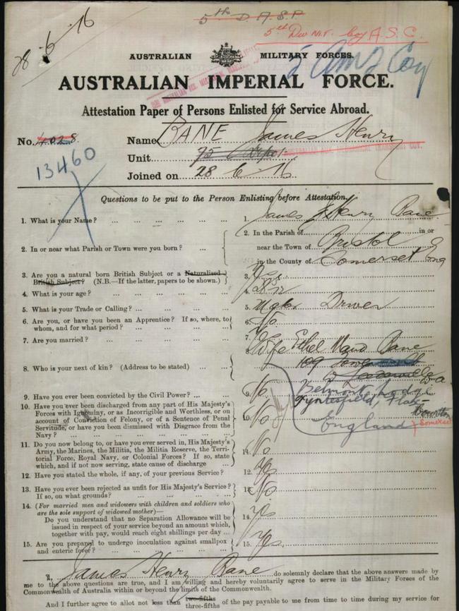 Private Bane’s enlistment papers. Courtesy National Archives of Australia