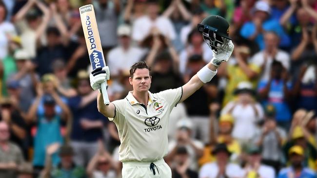 Steve Smith celebrates his century on day two of the third Test at The Gabba. Picture: Getty Images