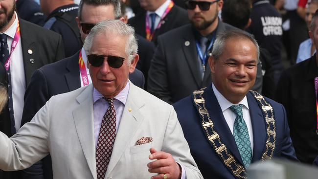 King Charles &amp; Camilla at Kurrawa Surf Club with Mayor Tom Tate. Picture Glenn Hampson