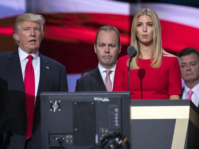 Donald and Ivanka Trump in July 2016 with then-Trump campaign manager Paul Manafort, right, and Manafort's chief deputy Rick Gates, center. Picture: AP Photo/Evan Vucci.