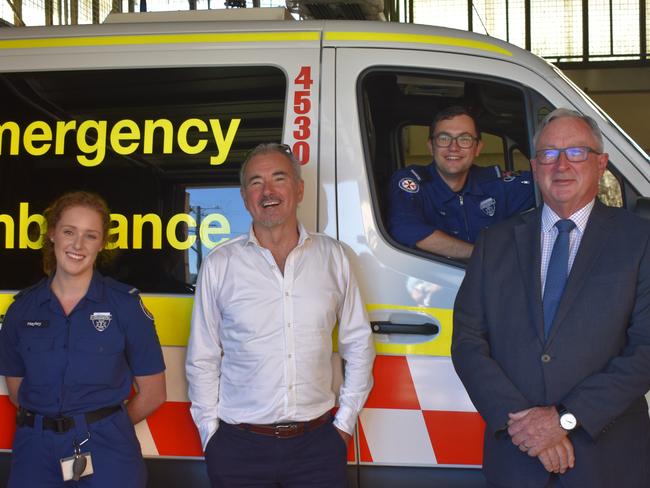 NSW Health Minister Brad Hazzard and Clarence MP Chris Gulaptis announce a new ambulance station for Casino alongside Casino paramedics. Photo: Aisling Brennan