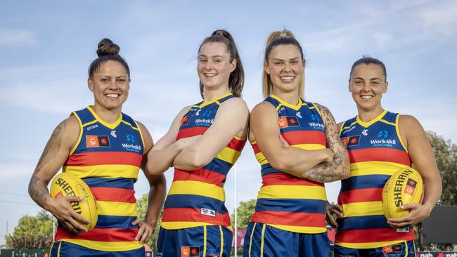 ADELAIDE, SOUTH AUSTRALIA - Advertiser Photos NOVEMBER 15, 2024: Four AFLW Adelaide Crows players Stevie-Lee Thompson, Sarah Allan, Anne Hatchard and Ebony Marinoff will become the first AFLW players to play in 15 finals at Norwood Oval. Picture Emma Brasier