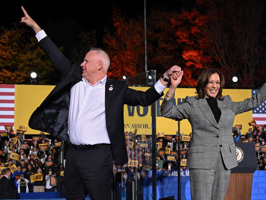 Tim Walz and Kamala Harris at a campaign rally in Ann Arbor, Michigan. Picture: Drew Angerer/AFP